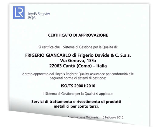 Certificato di qualita Frigerio Giancarlo srl Certificato di qualita Frigerio Giancarlo srl